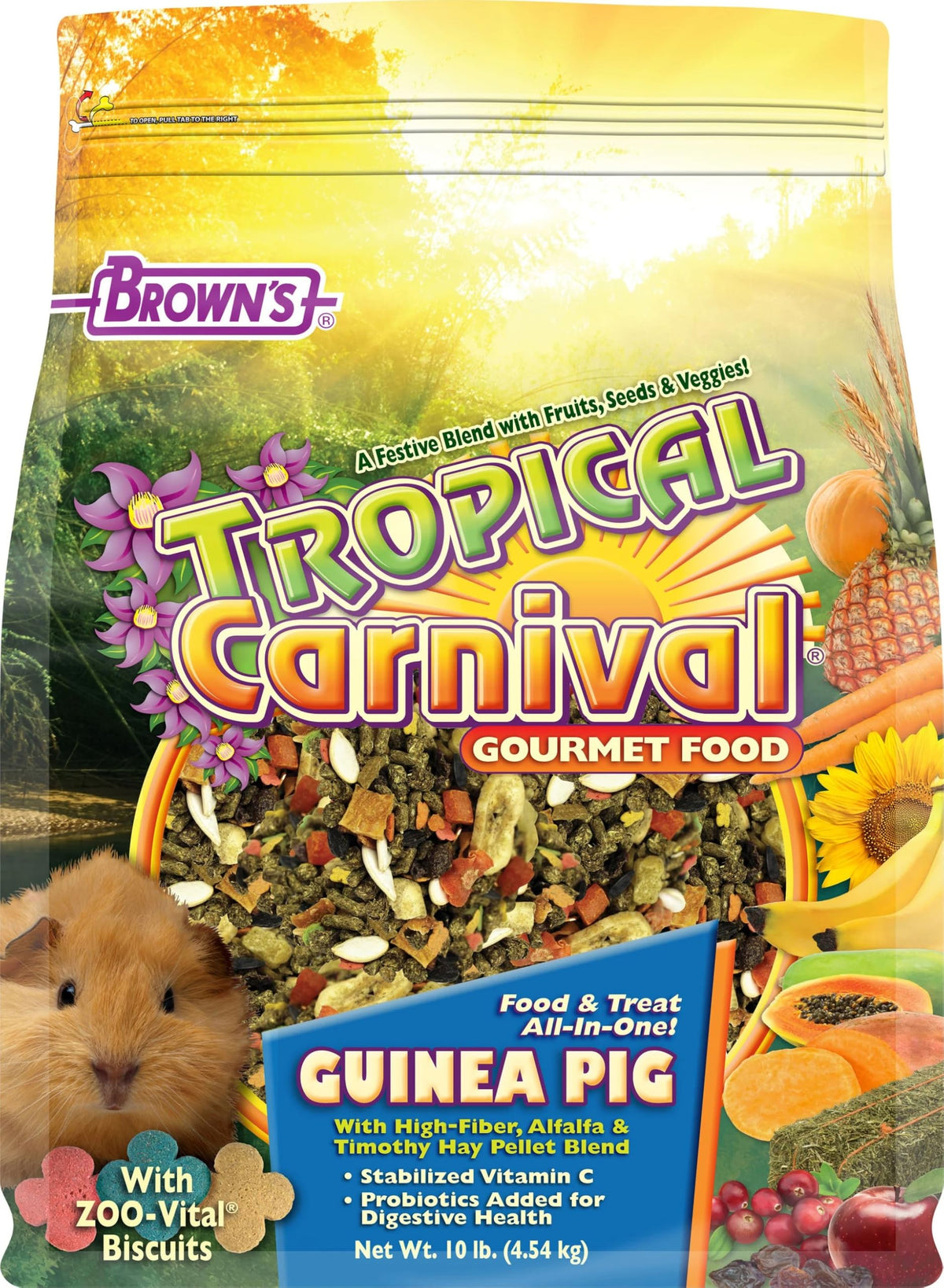 Tropical Carnival F.M. Brown's Guinea Pig Food packaging highlights vitamin-fortified daily nutrition.