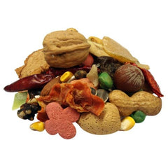 Tropical Carnival macaw-big-bites-ingredients-closeup reveals diverse fruits, nuts and veggies for variety