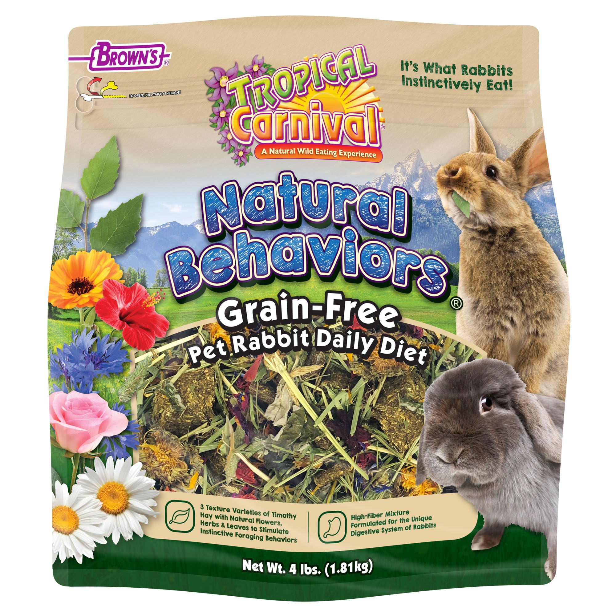Tropical Carnival Natural Behaviors rabbit food bag showing grain-free formulation for digestive comfort.