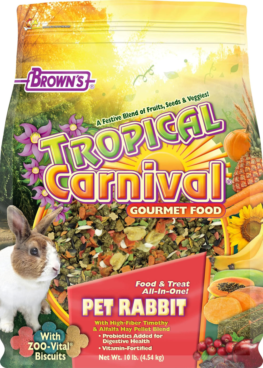 Tropical Carnival rabbit food hero image showing high-fiber Timothy and Alfalfa hay pellets for digestion