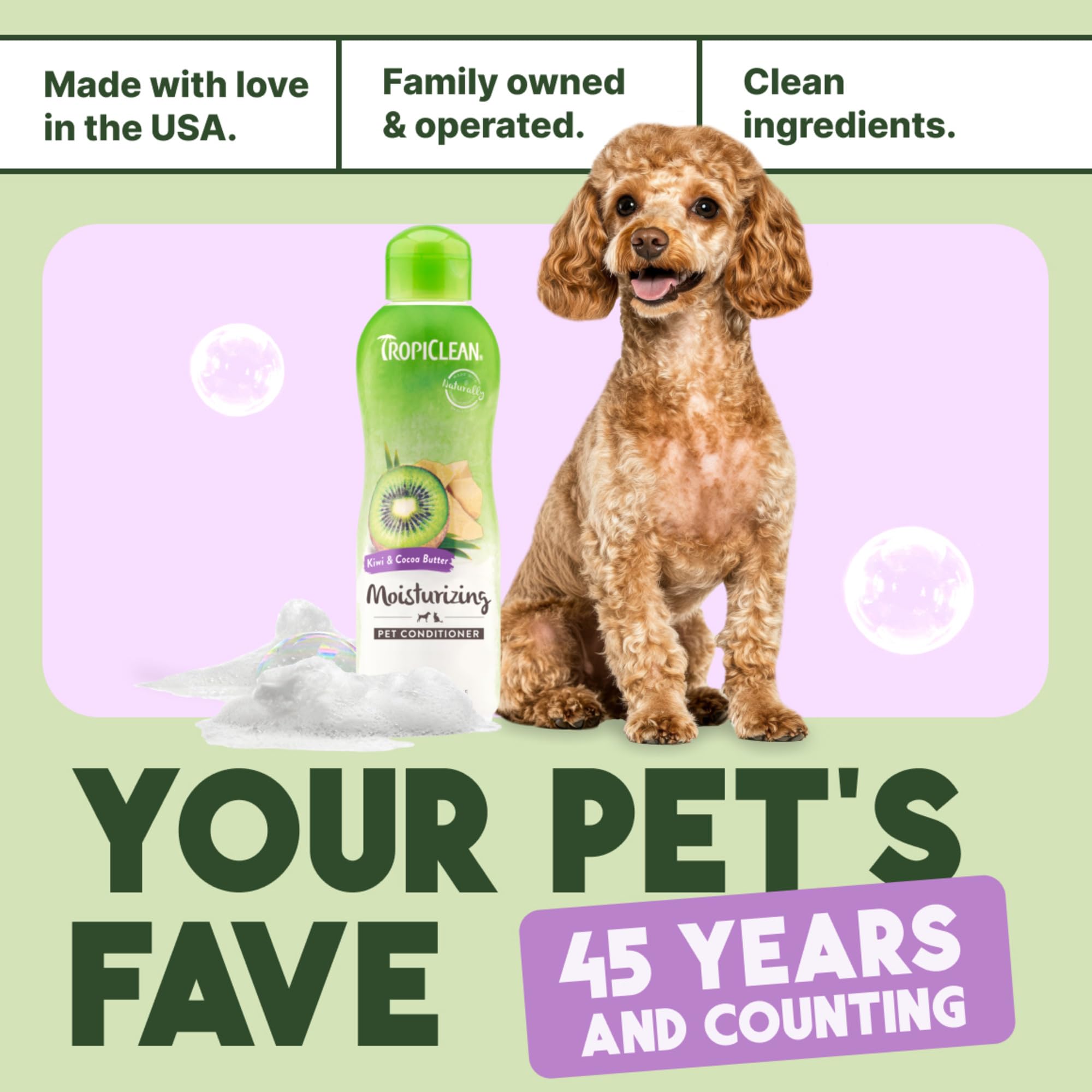 TropiClean 20oz bottle shown with USA-made branding for trusted grooming