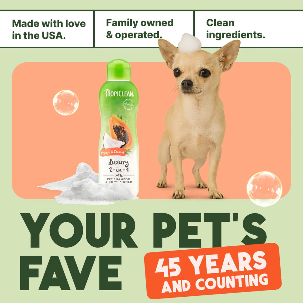 TropiClean 2-in-1 dog shampoo dog-bath-scene portrays puppy-safe grooming routine.