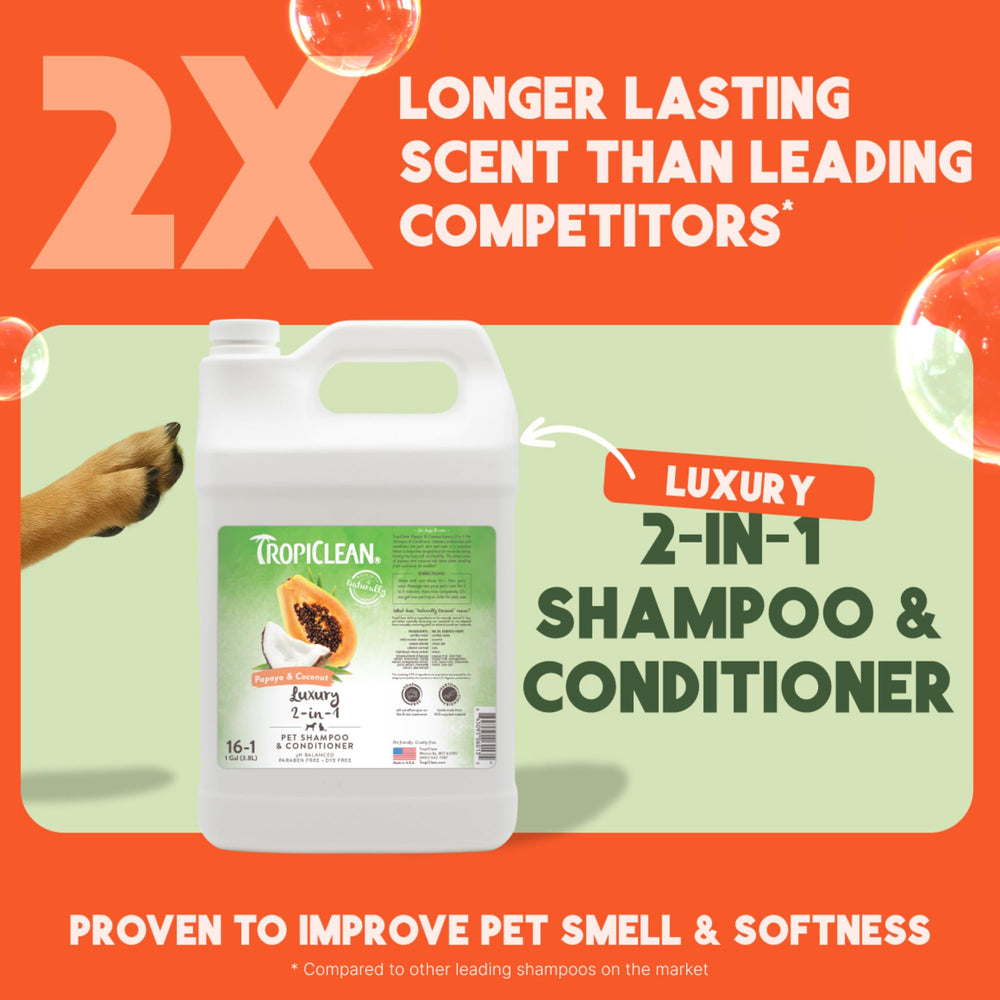 TropiClean 2-in-1 dog shampoo pour showing easy lather and detangling potential.