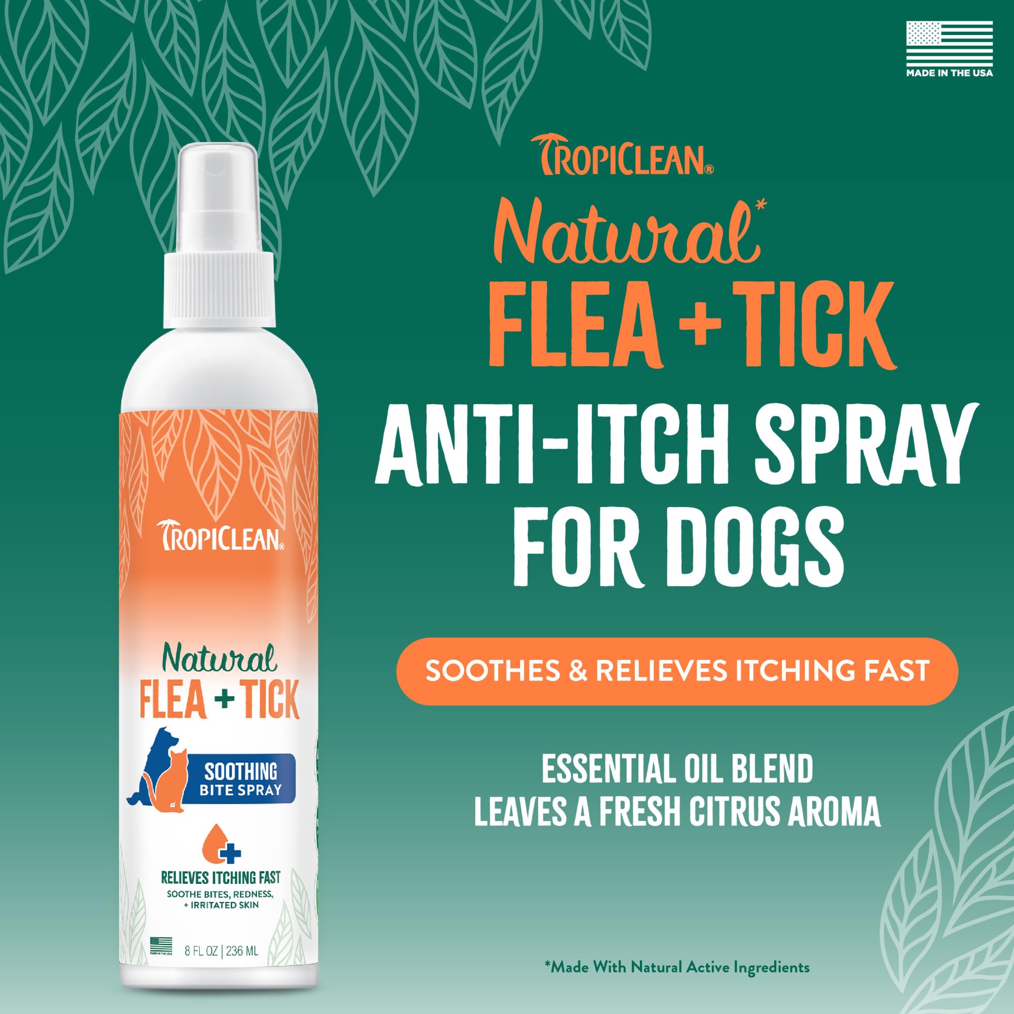 TropiClean Advanced Care Itch Relief Spray application showcases targeted relief on irritated skin.