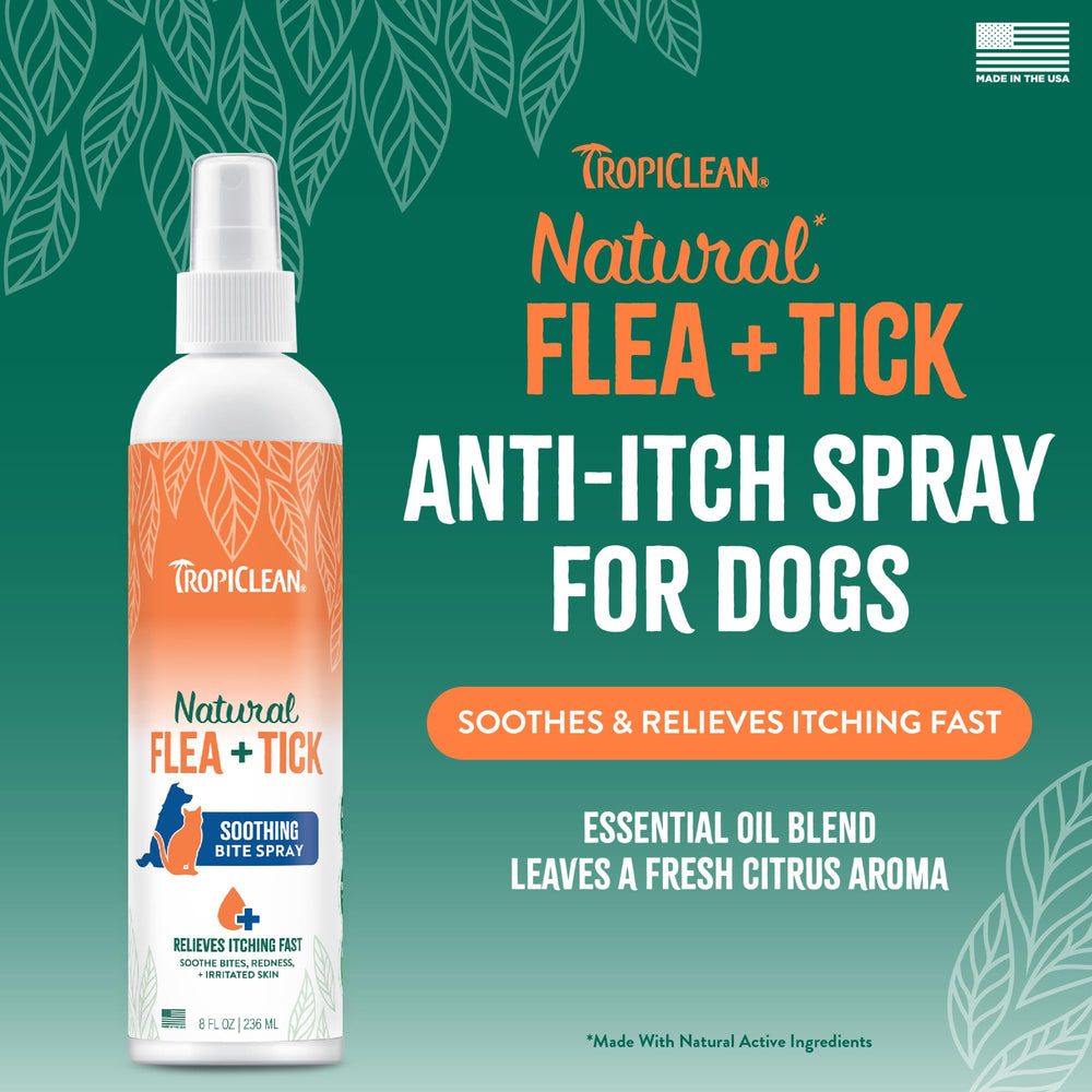 TropiClean Advanced Care Itch Relief Spray application showcases targeted relief on irritated skin.