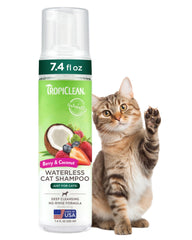 TropiClean Berry & Coconut waterless cat shampoo bottle for quick no-rinse refresh.