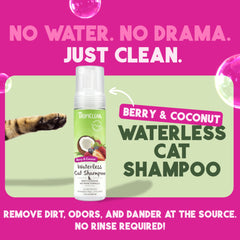TropiClean Berry & Coconut waterless cat shampoo foam demonstrates fast in-between-clean lather.