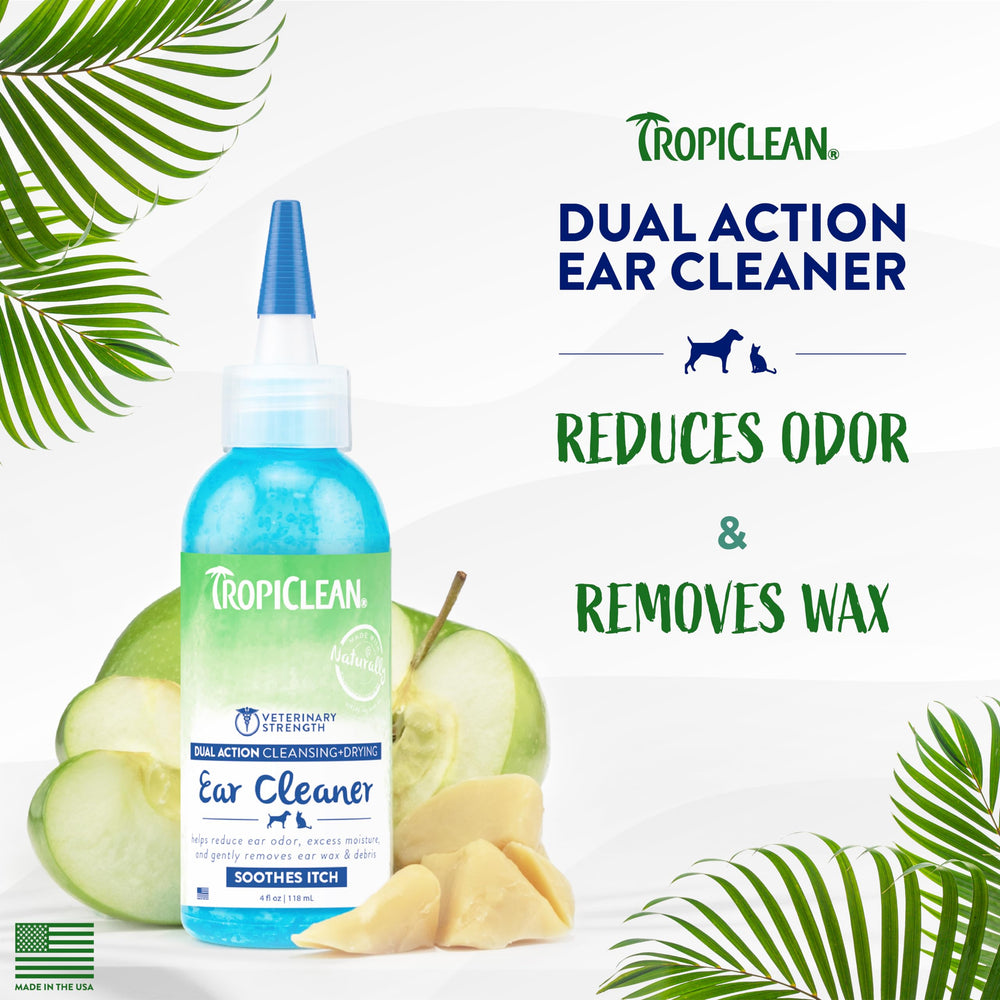 TropiClean cat and dog ear cleaner safe usage close-up shows compatibility.