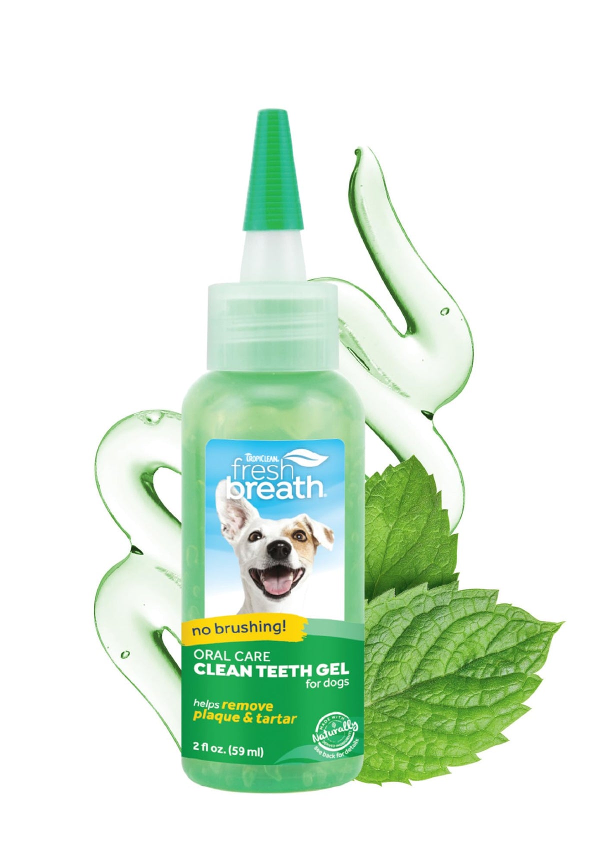 TropiClean clean teeth gel bottle for dogs showing easy, no-brushing dental care and fresher breath