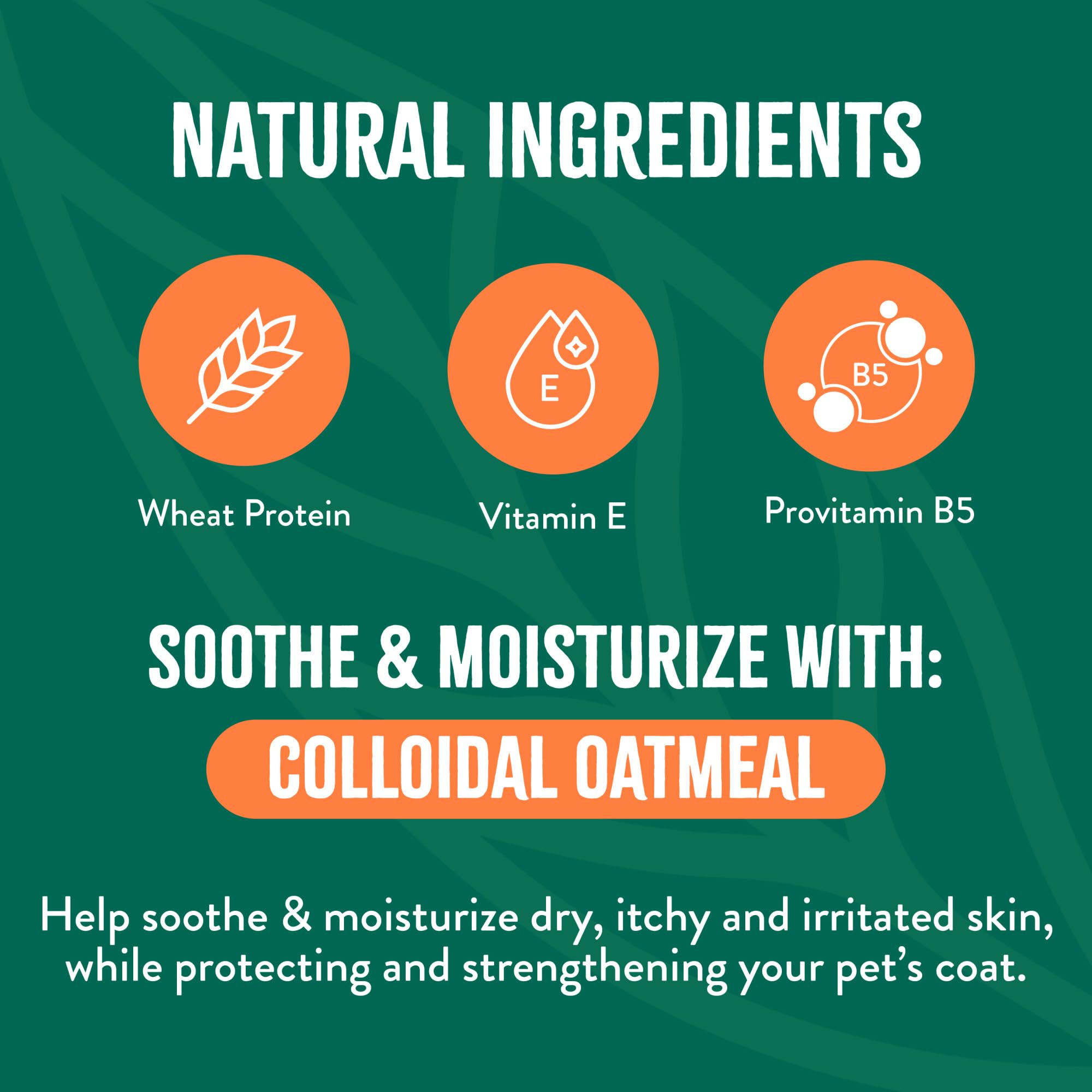 TropiClean colloidal oatmeal soothing formula shown as gentle for inflamed skin.