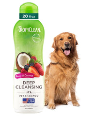 TropiClean deodorizing dog shampoo bottle with berry scent for lasting odor control.