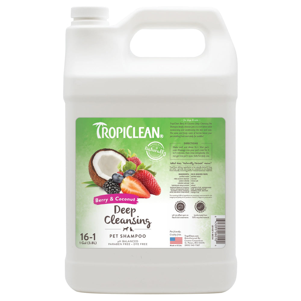 TropiClean deodorizing dog shampoo bottle on display emphasizing odor control.