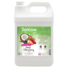 TropiClean deodorizing dog shampoo bottle on display emphasizing odor control.