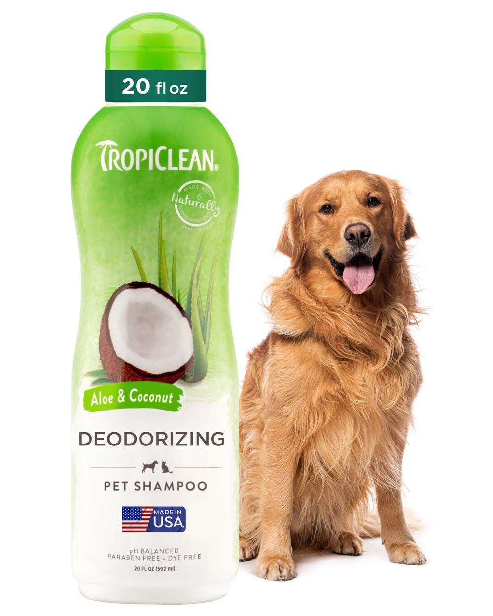 TropiClean deodorizing dog shampoo bottle with aloe coconut scent for lasting odor control.