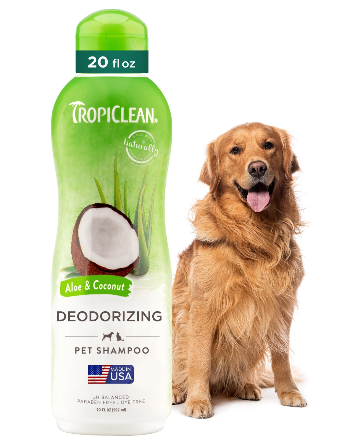 TropiClean deodorizing dog shampoo bottle with aloe coconut scent for lasting odor control.