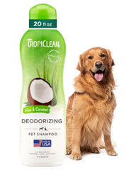 TropiClean deodorizing dog shampoo bottle with aloe coconut scent for lasting odor control.