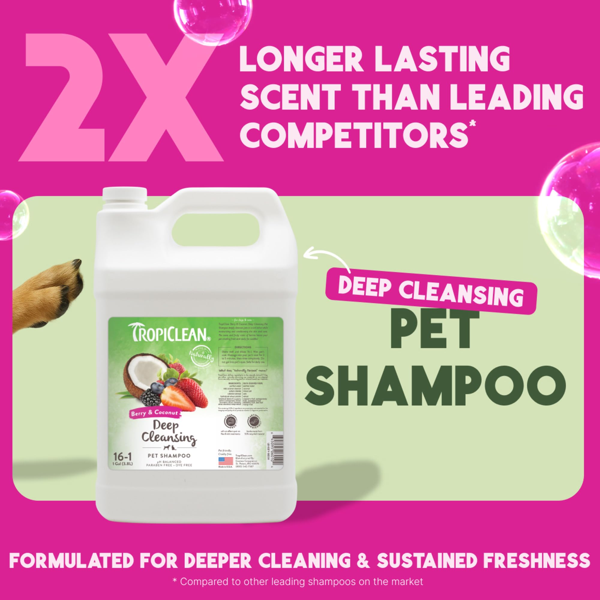 TropiClean deodorizing dog shampoo lather being poured for a deep clean.