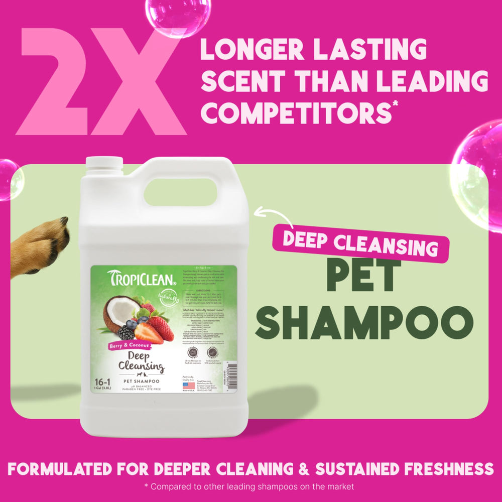 TropiClean deodorizing dog shampoo lather being poured for a deep clean.