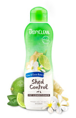 TropiClean Deshedding Dog Conditioner bottle shows nourishing formula for silky soft coat