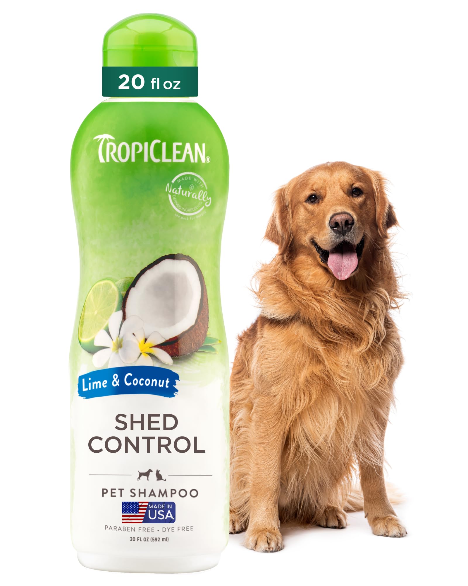 TropiClean deshedding shampoo bottle promotes a smoother coat and reduced shedding during baths.