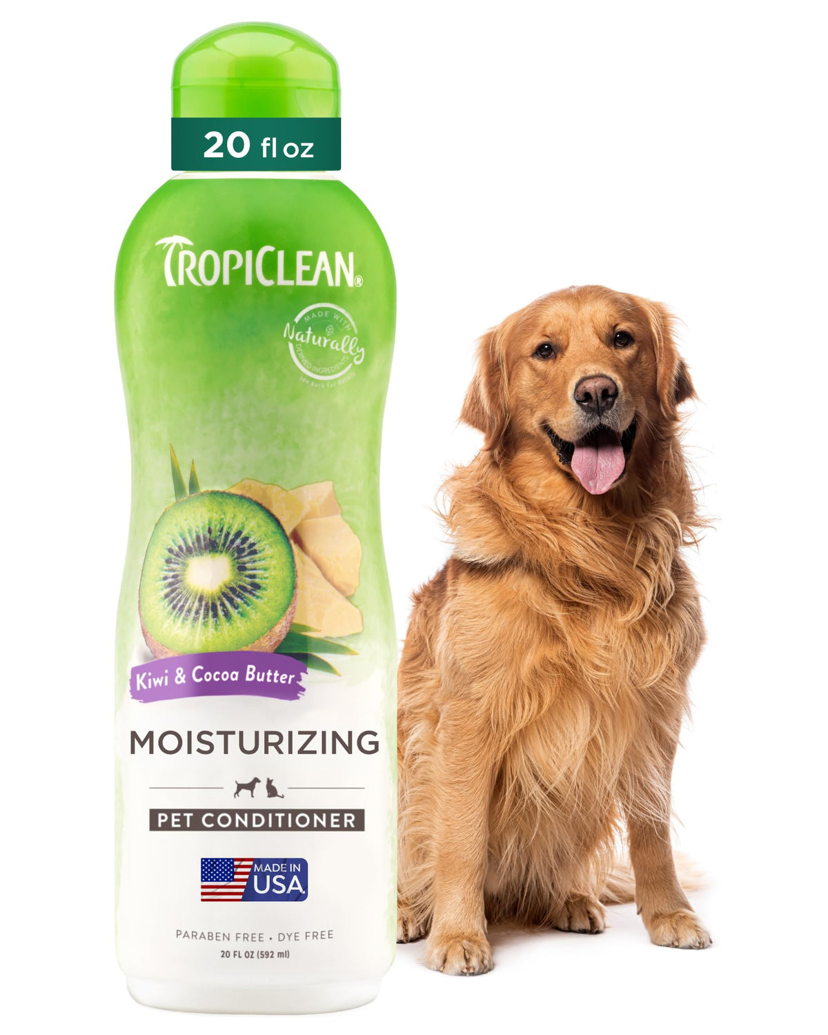 TropiClean dog conditioner bottle front view highlighting moisturizing formula for silky fur