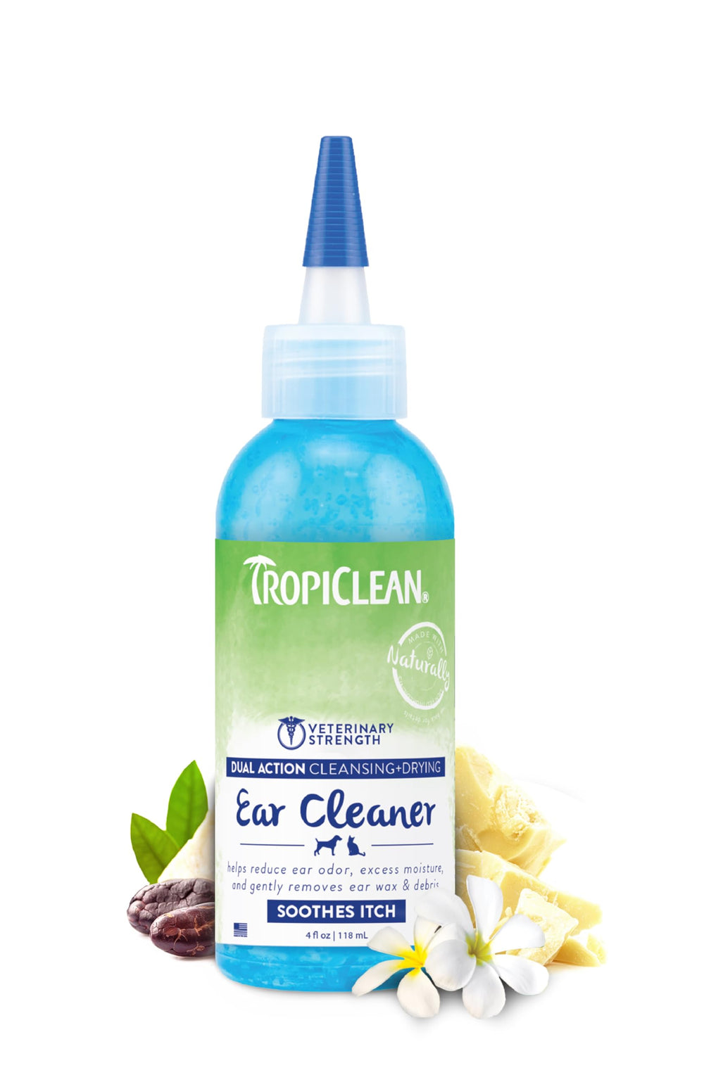 TropiClean dog ear cleaner bottle for easy daily ear care and odor control.