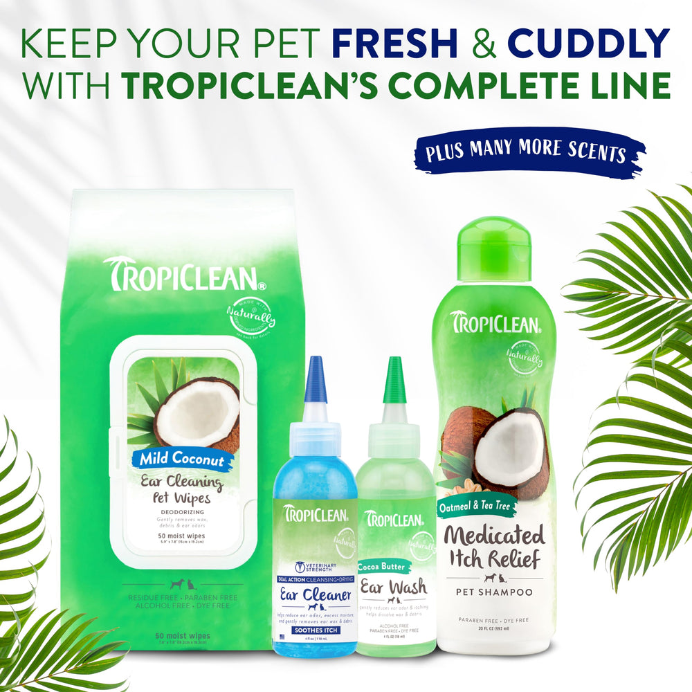 TropiClean dog ear cleaner drops pour demonstrates gentle application for clean ears.