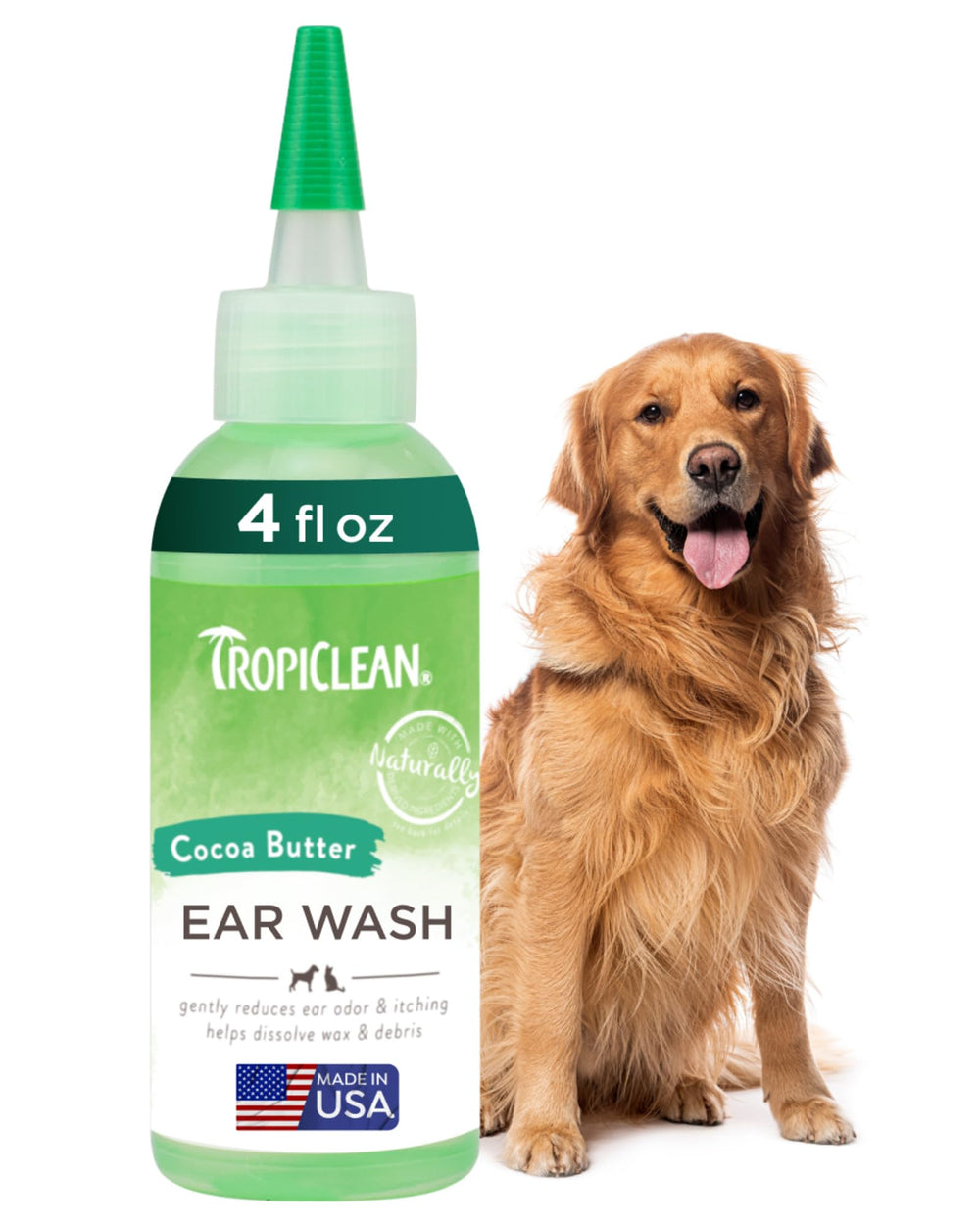 TropiClean dog ear wash bottle shows gentle cleansing for itchy ears.