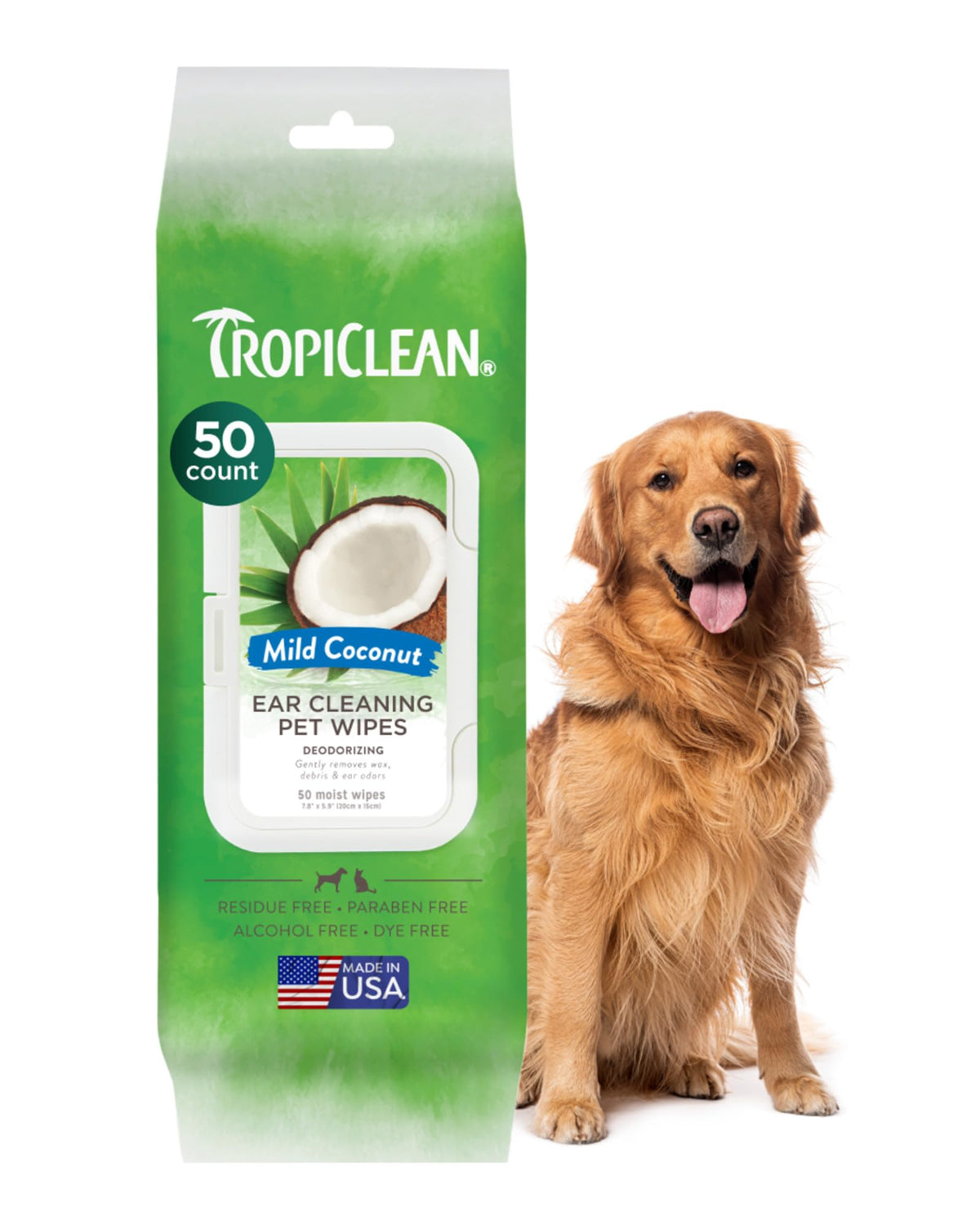 TropiClean dog ear wipes pack shot—gentle, alcohol-free daily ear care.