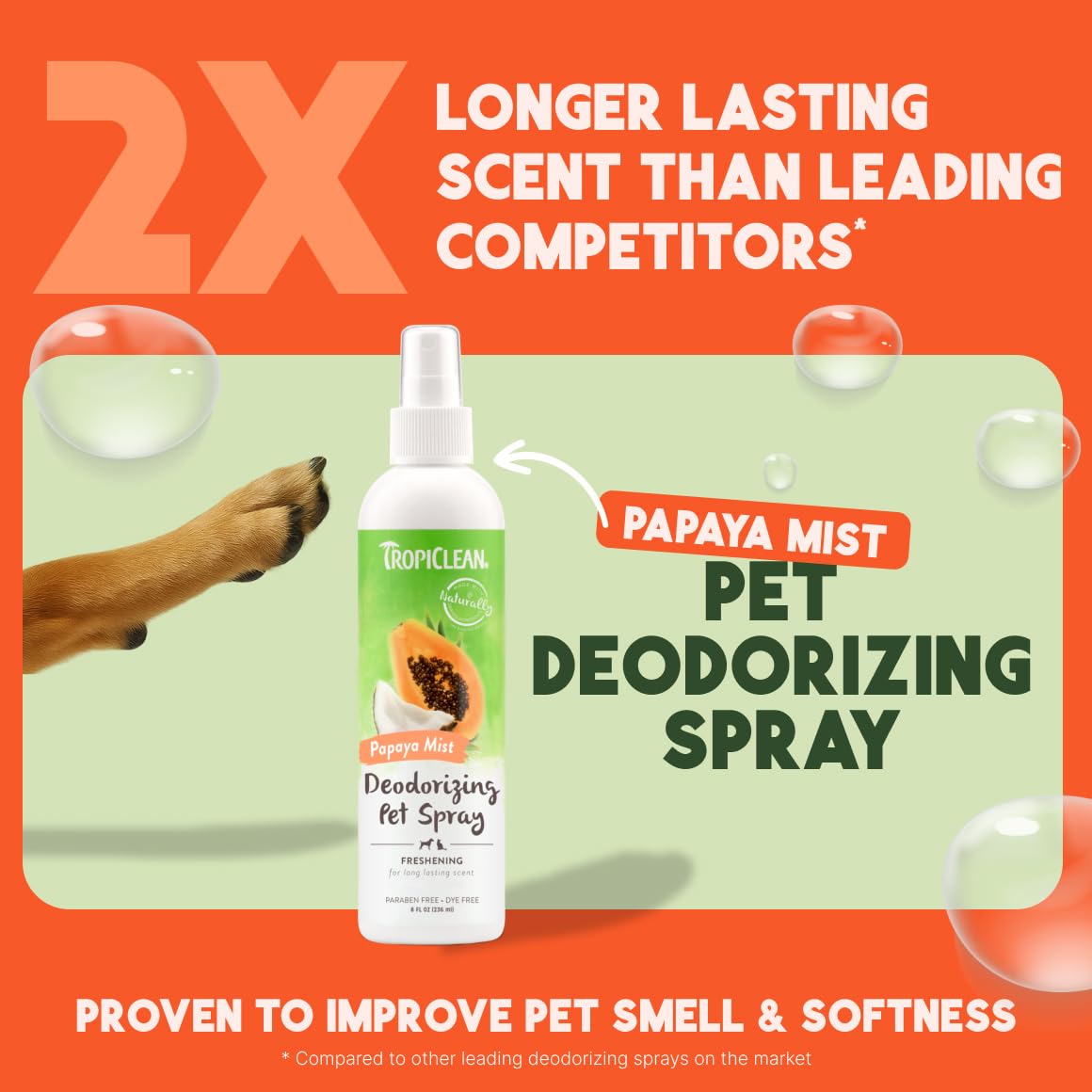 TropiClean dog perfume papaya spray mist for quick deodorizing between baths.