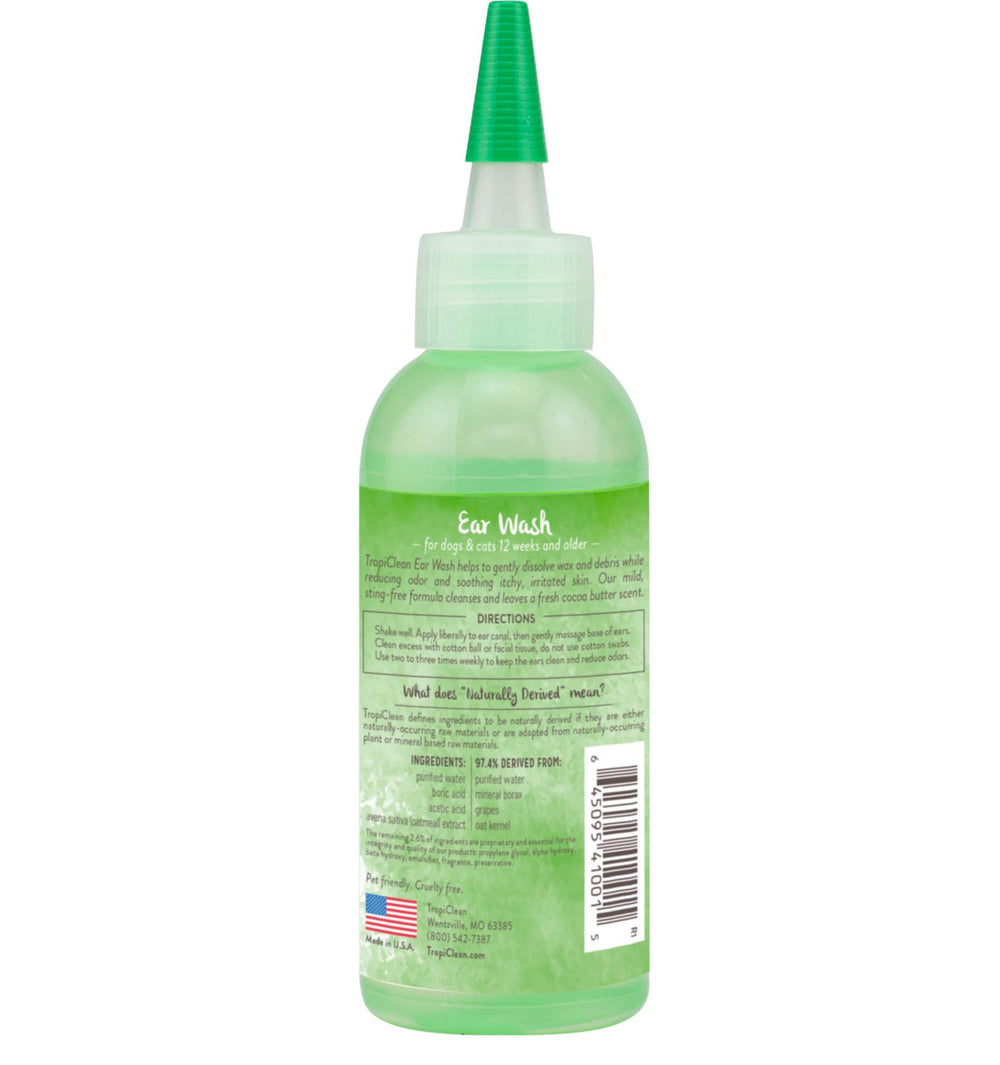 TropiClean ear wash packaging with 4oz measurement for at-home use.