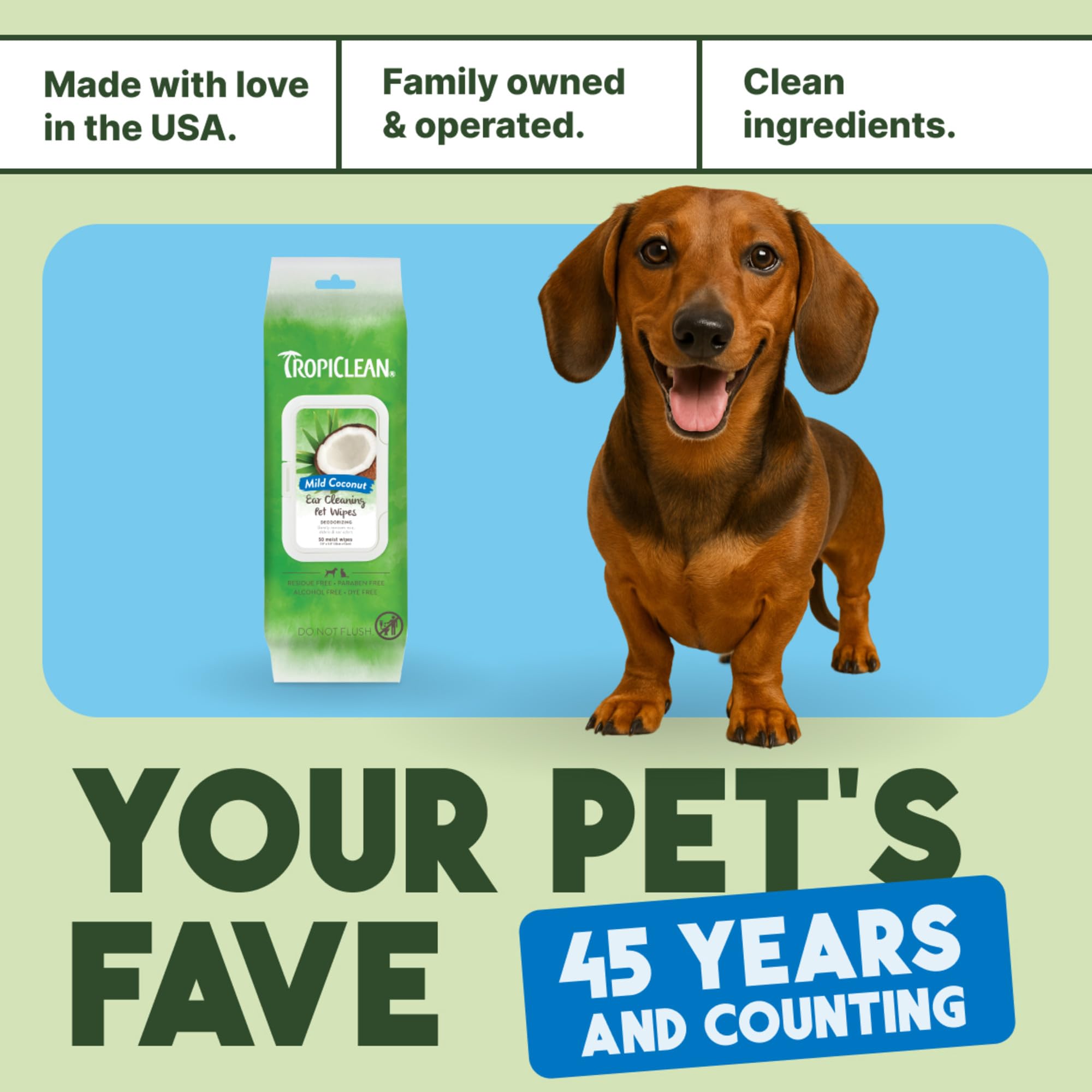 TropiClean dog ear wipes bottle beside tip card—pair with ear wash.