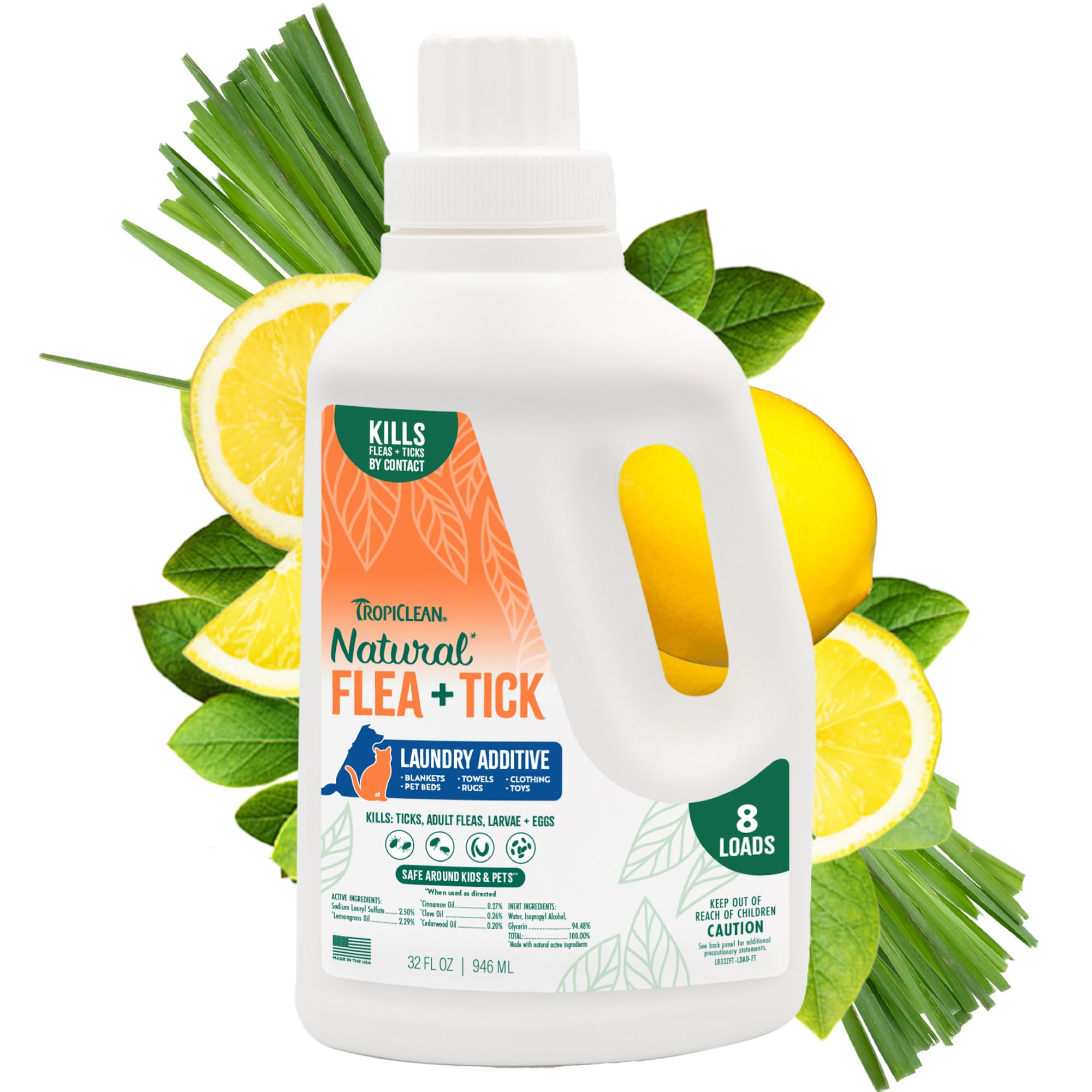 Brand TropiClean flea and tick laundry additive bottle showing pest-fighting formula for homes