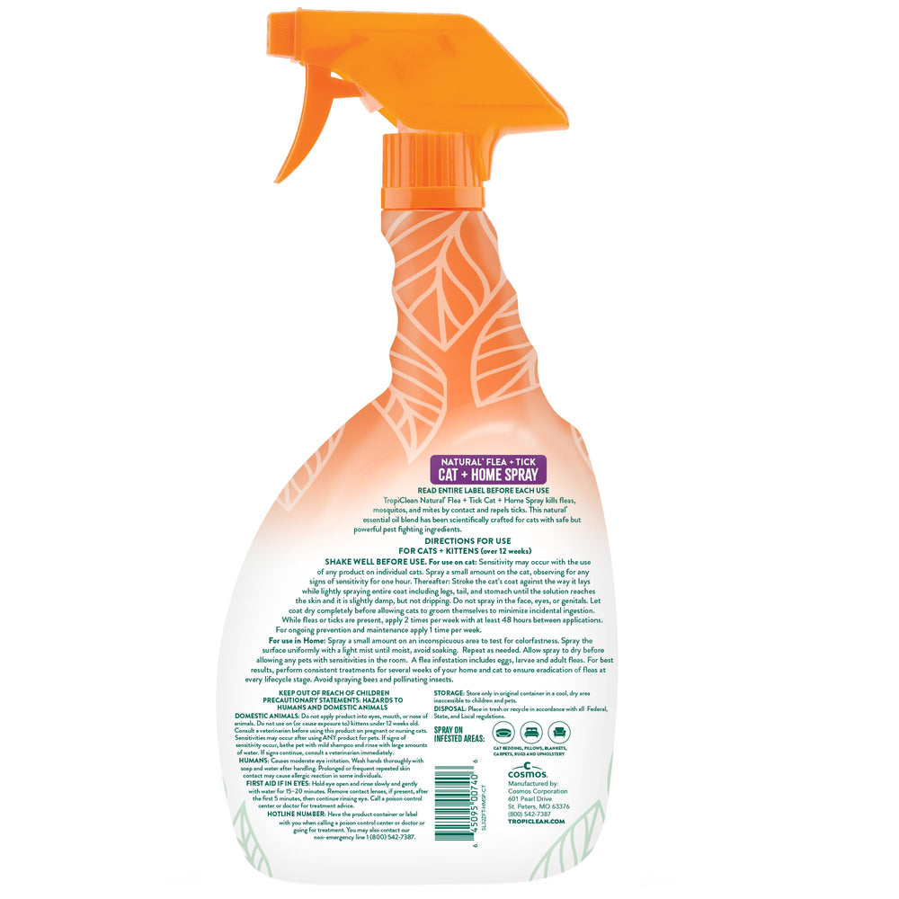 TropiClean flea-tick spray on cat coat showing waterless application