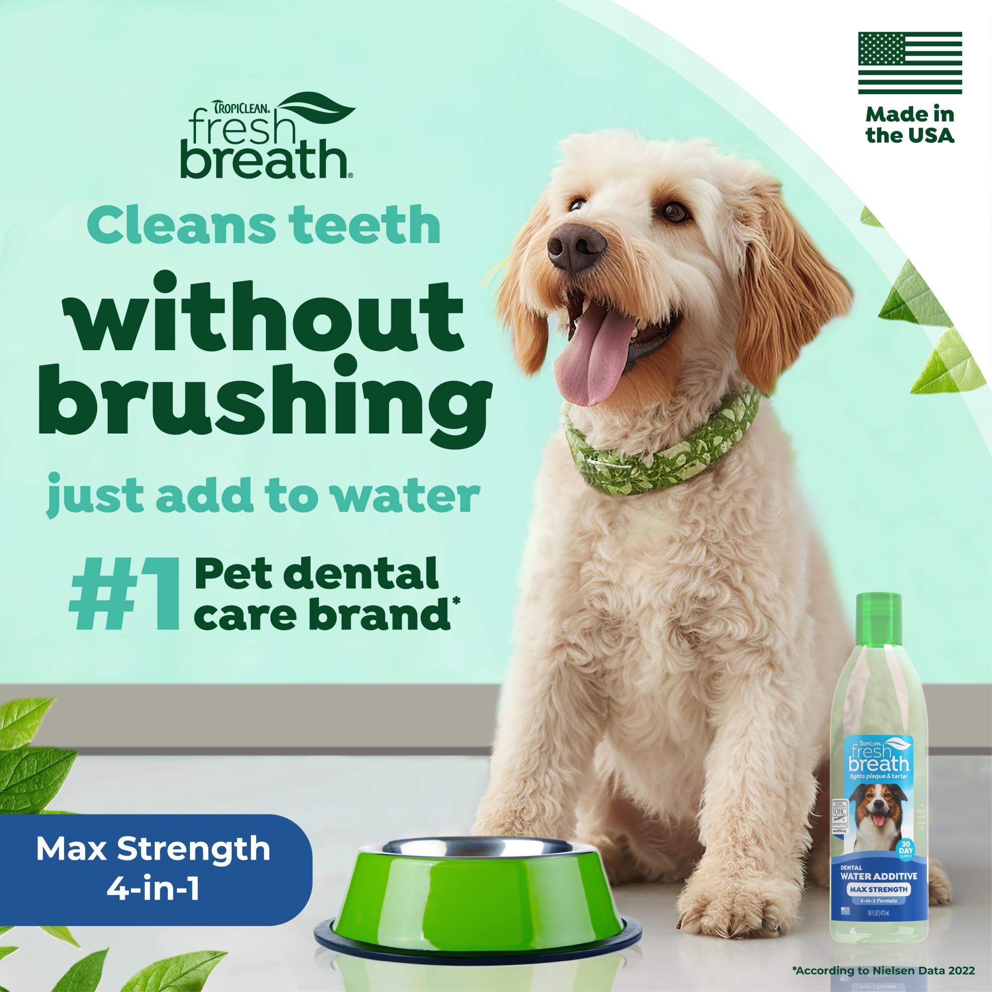 TropiClean Fresh Breath Advanced 3D MICROGUARD graphic illustrating whitening tech.