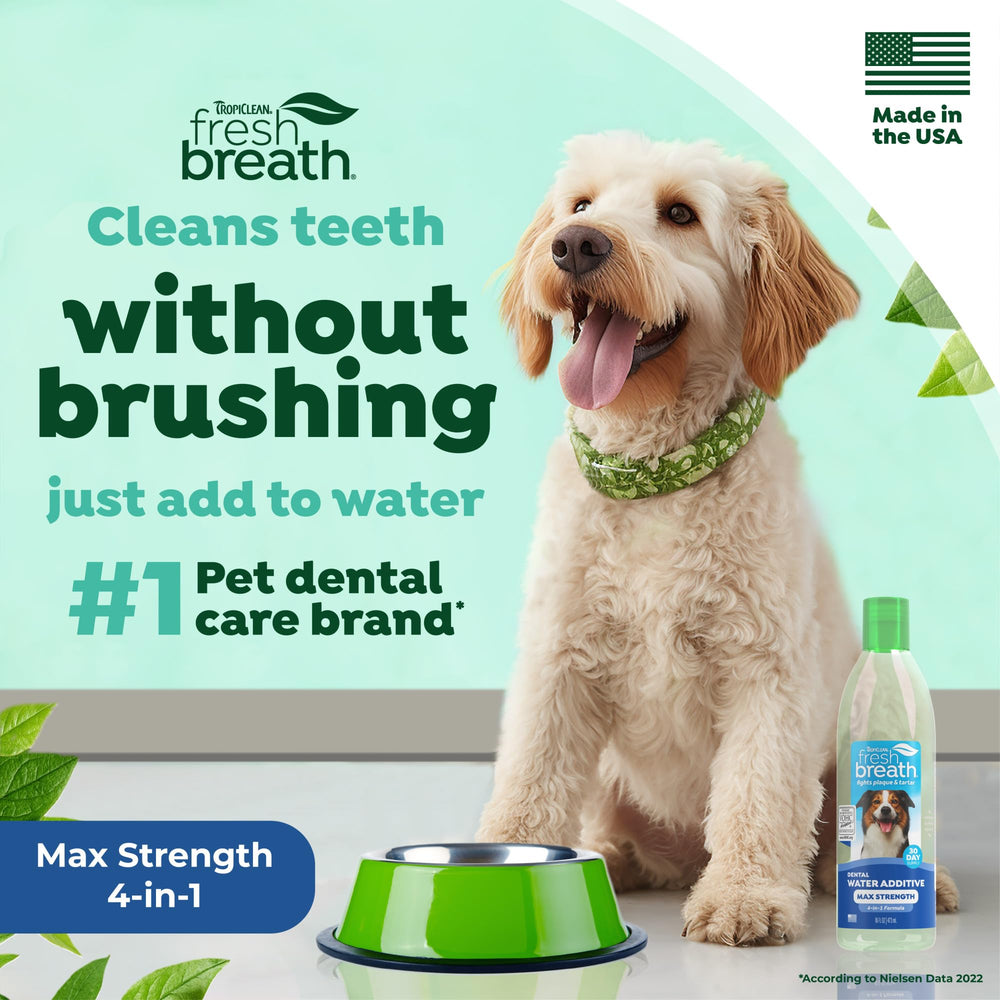 TropiClean Fresh Breath Advanced 3D MICROGUARD graphic illustrating whitening tech.