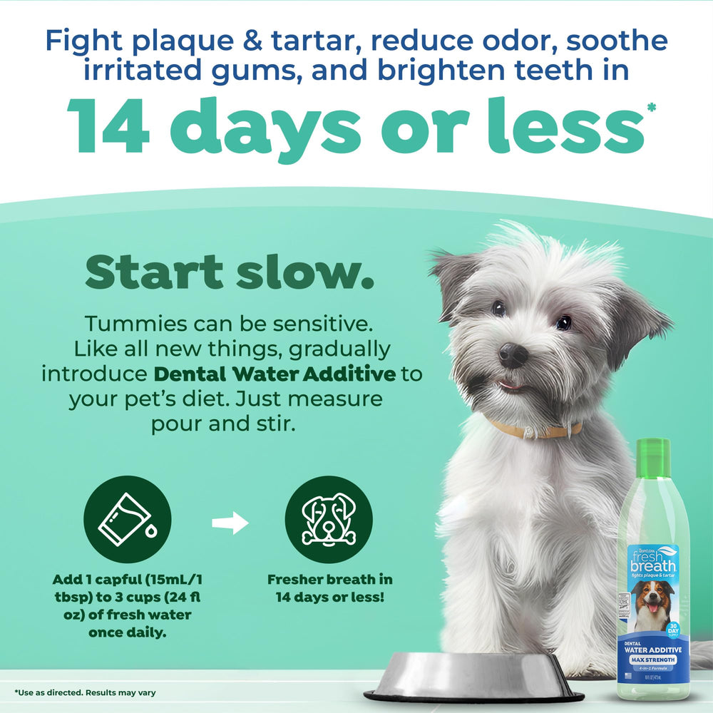 TropiClean Fresh Breath Advanced bottle showing tasteless formula for pets.