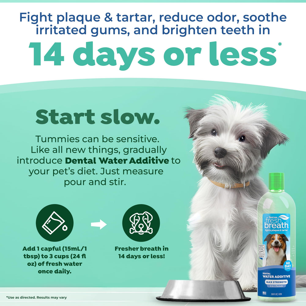 TropiClean Fresh Breath bottle with label visible for long-lasting breath freshness