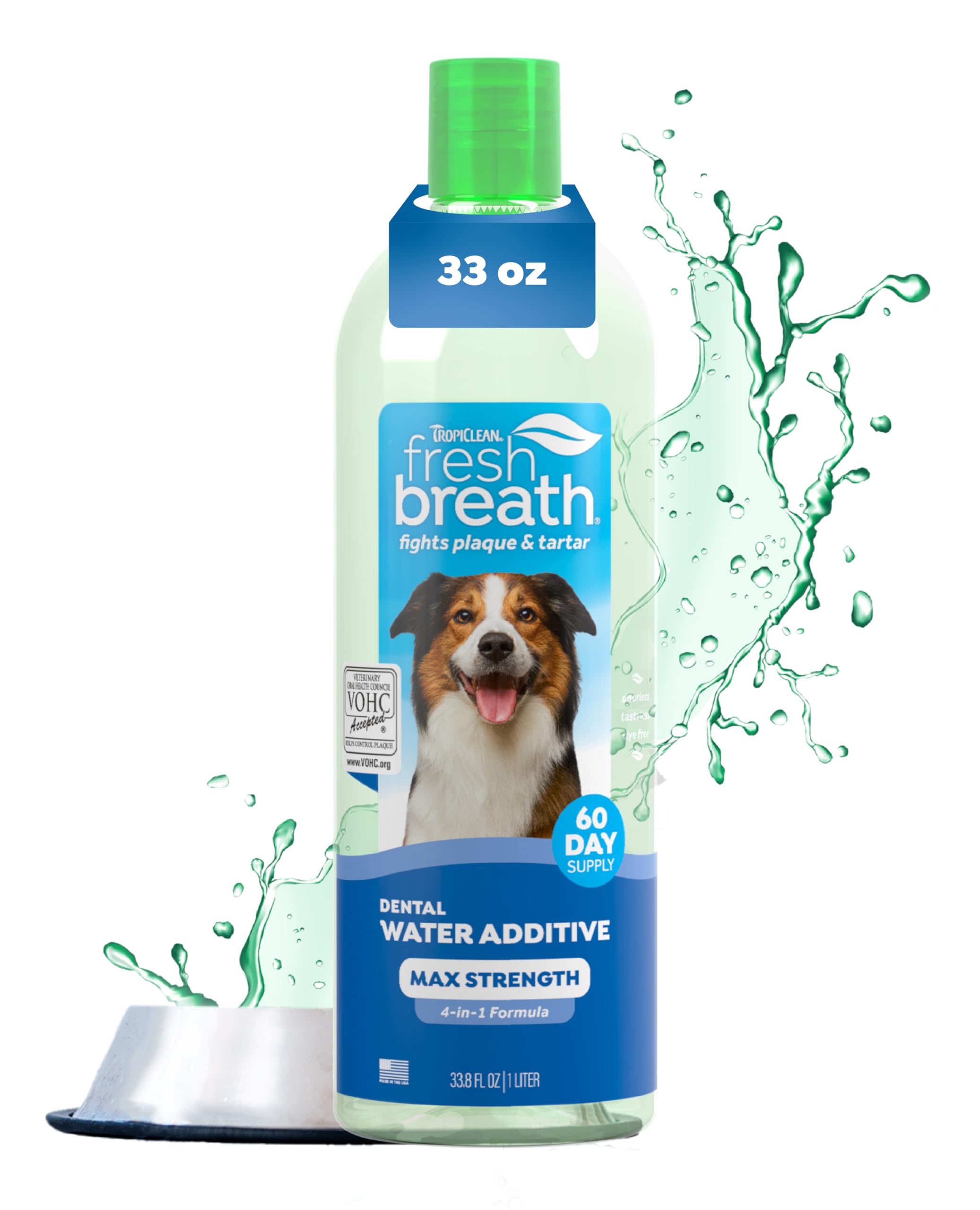 TropiClean Fresh Breath bottle closeup for improved dog breath and teeth care
