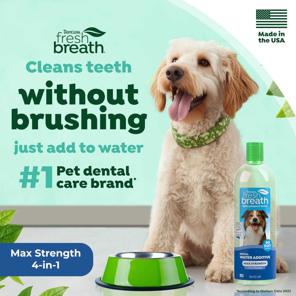 TropiClean water-additive being poured into dog bowl promoting fresher dental routine