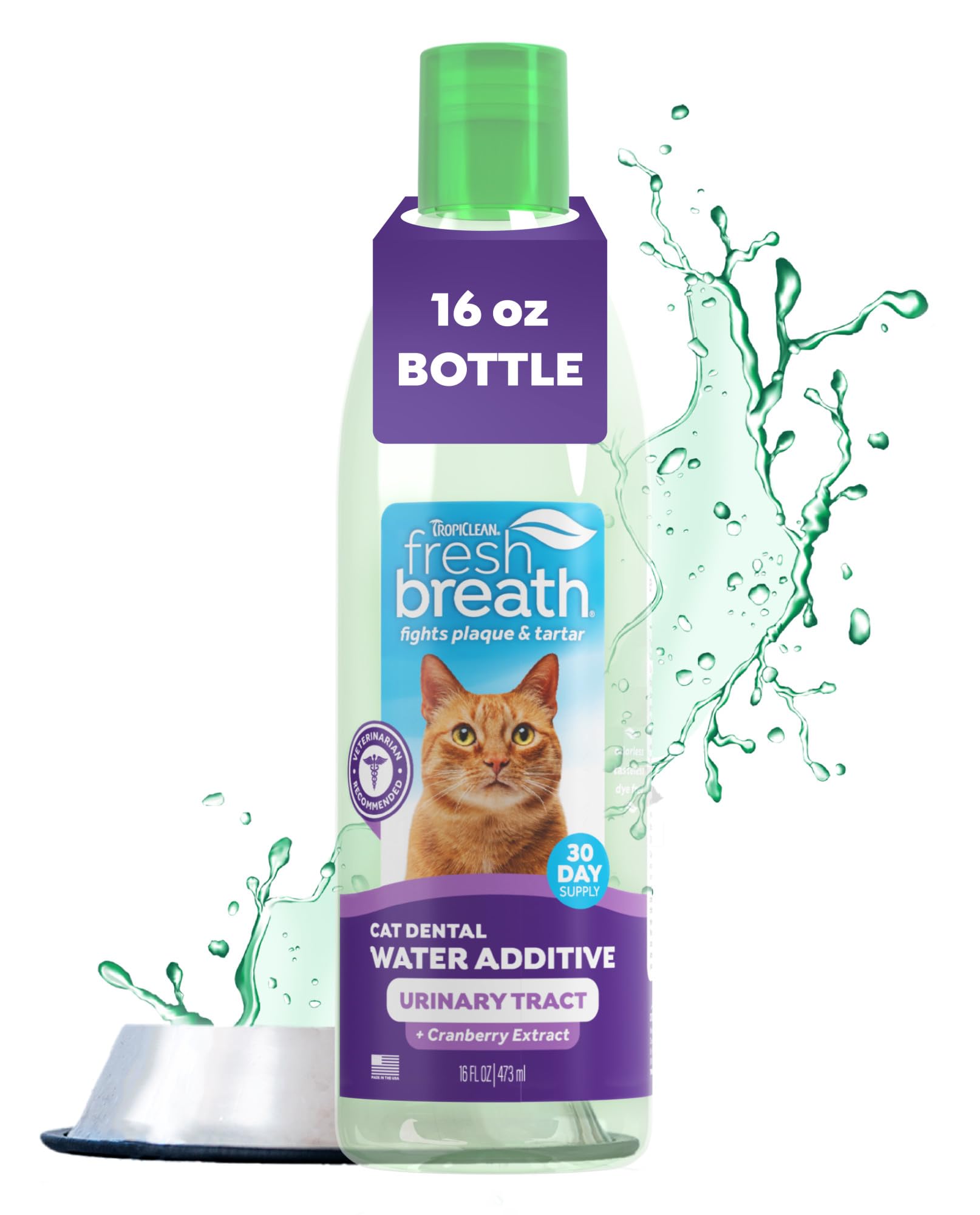 TropiClean Fresh Breath Cat Dental Water Additive bottle pour supports easy daily dental care