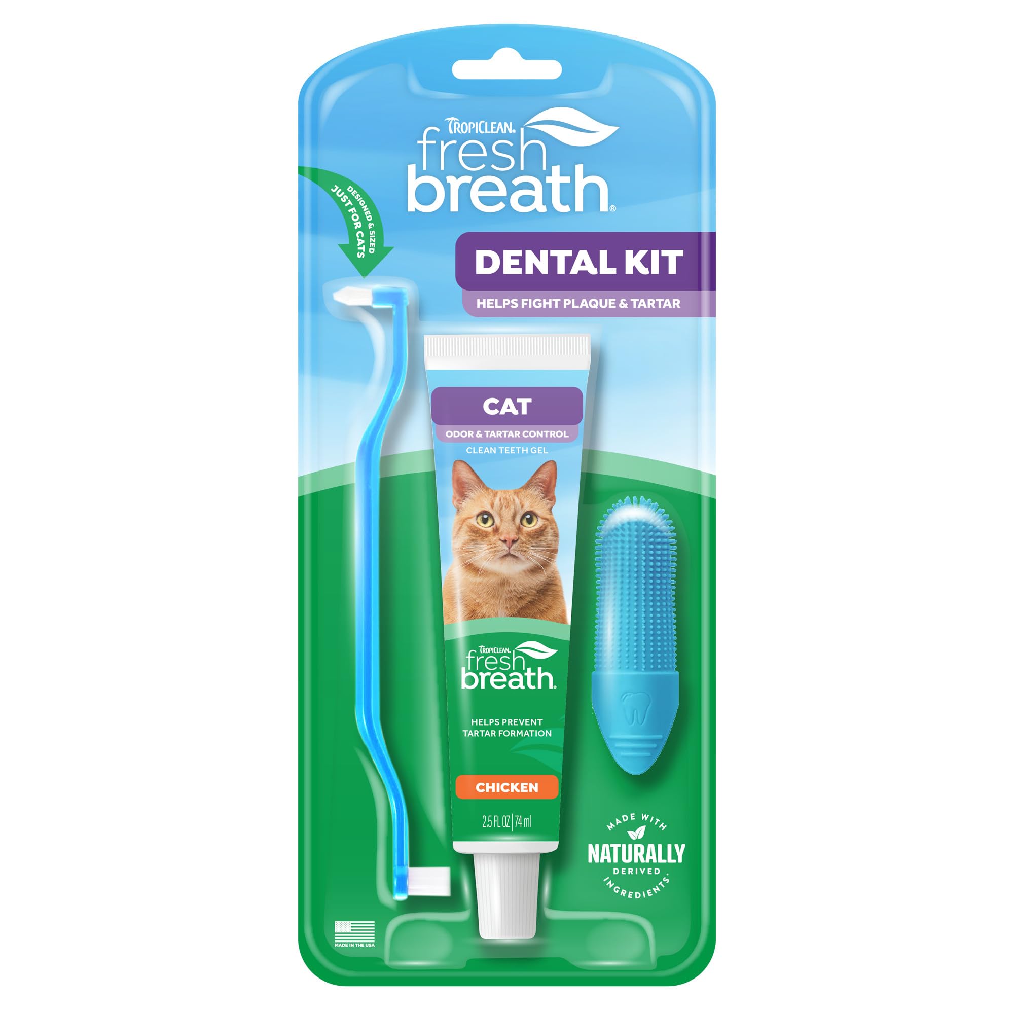 TropiClean Fresh Breath cat toothbrush kit front view for easy dental care
