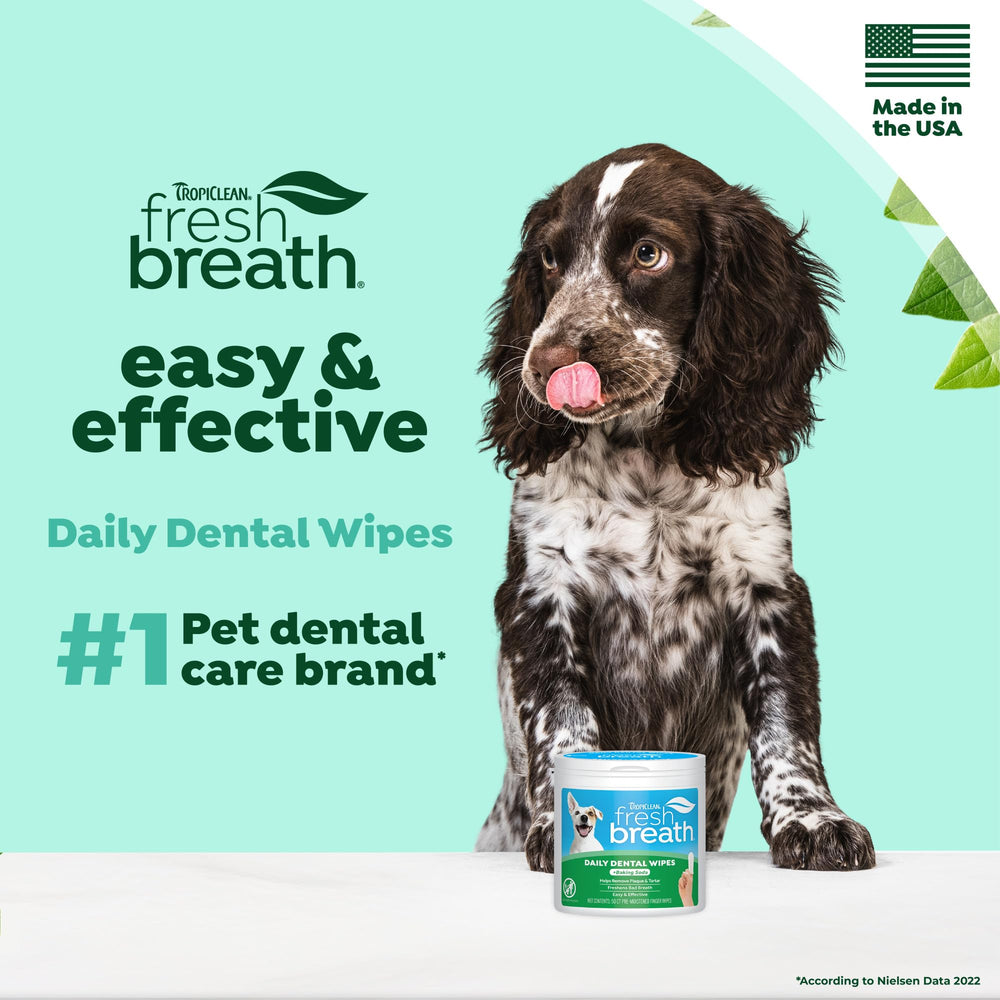 TropiClean Fresh Breath dog wipes packaging back lists simple use and gentle ingredients