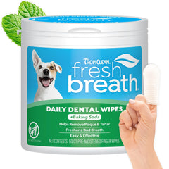 TropiClean Fresh Breath dog wipes packaging front shows convenient dental care for dogs