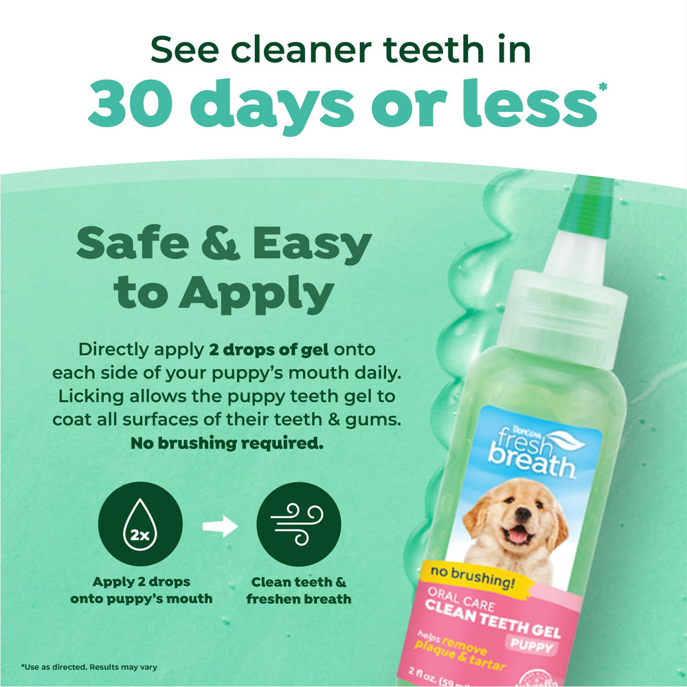 TropiClean Fresh Breath no-brush-needed image shows convenient dog dental care.