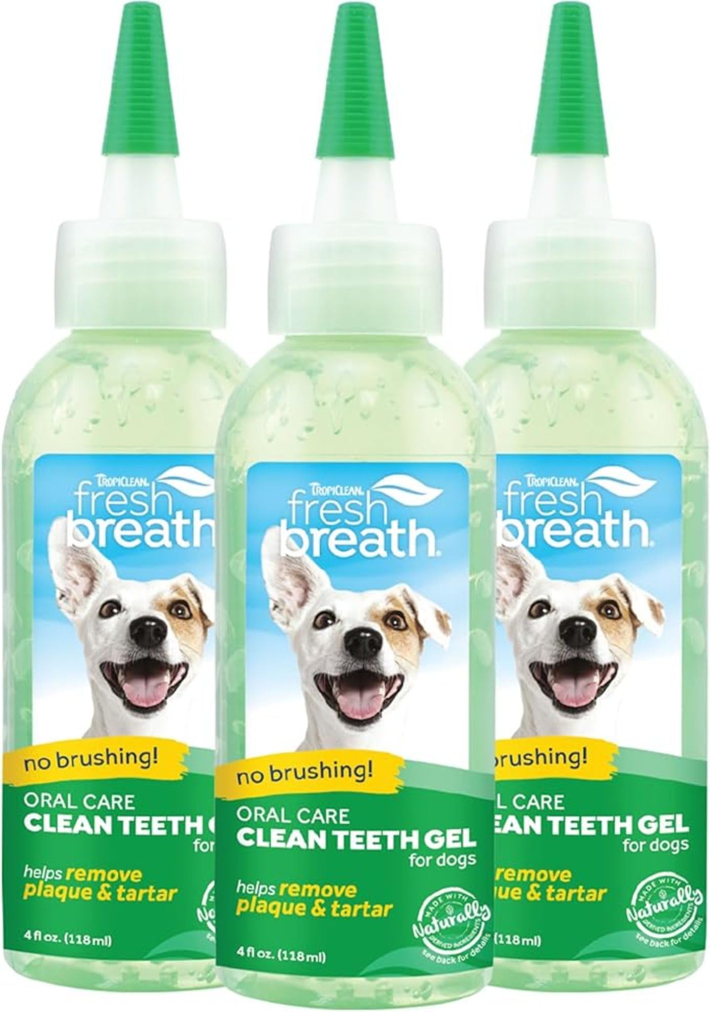 TropiClean Fresh Breath gel for dogs in a 4oz triple-pack supports daily dental care.