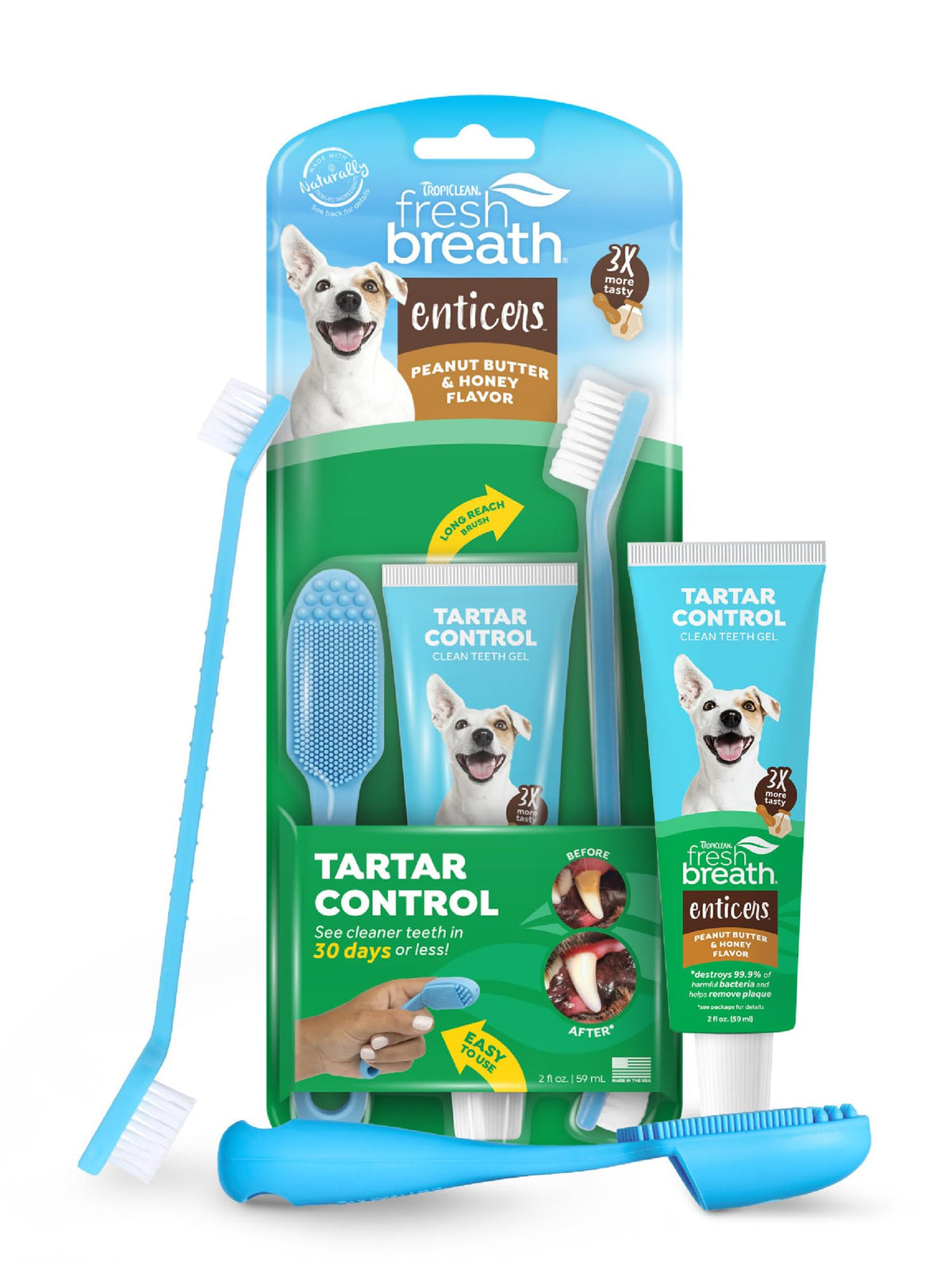 TropiClean Fresh Breath Kit finger toothbrush demonstrates easy plaque control for dogs.