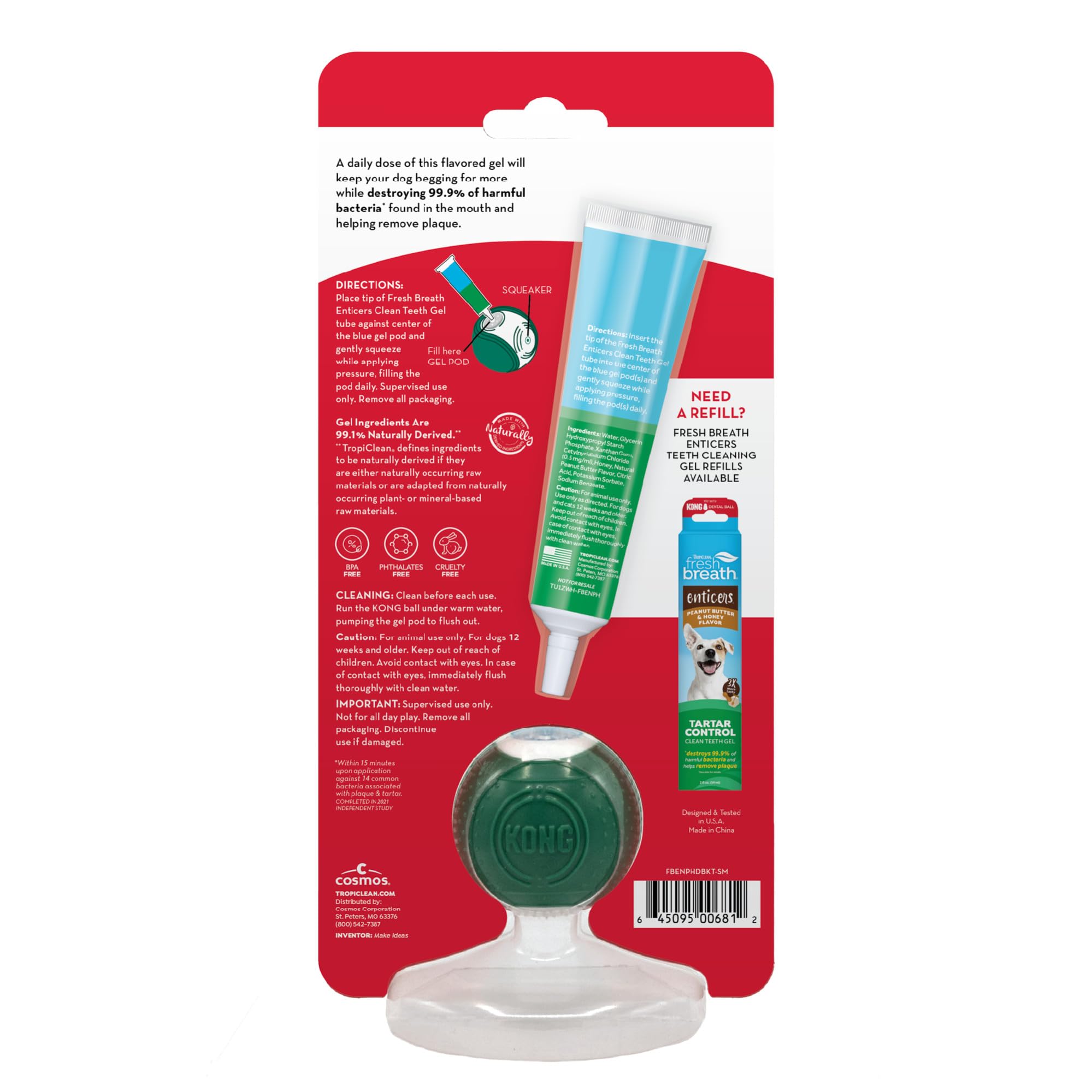 TropiClean Fresh Breath KONG ball features textured sides to scrub plaque.