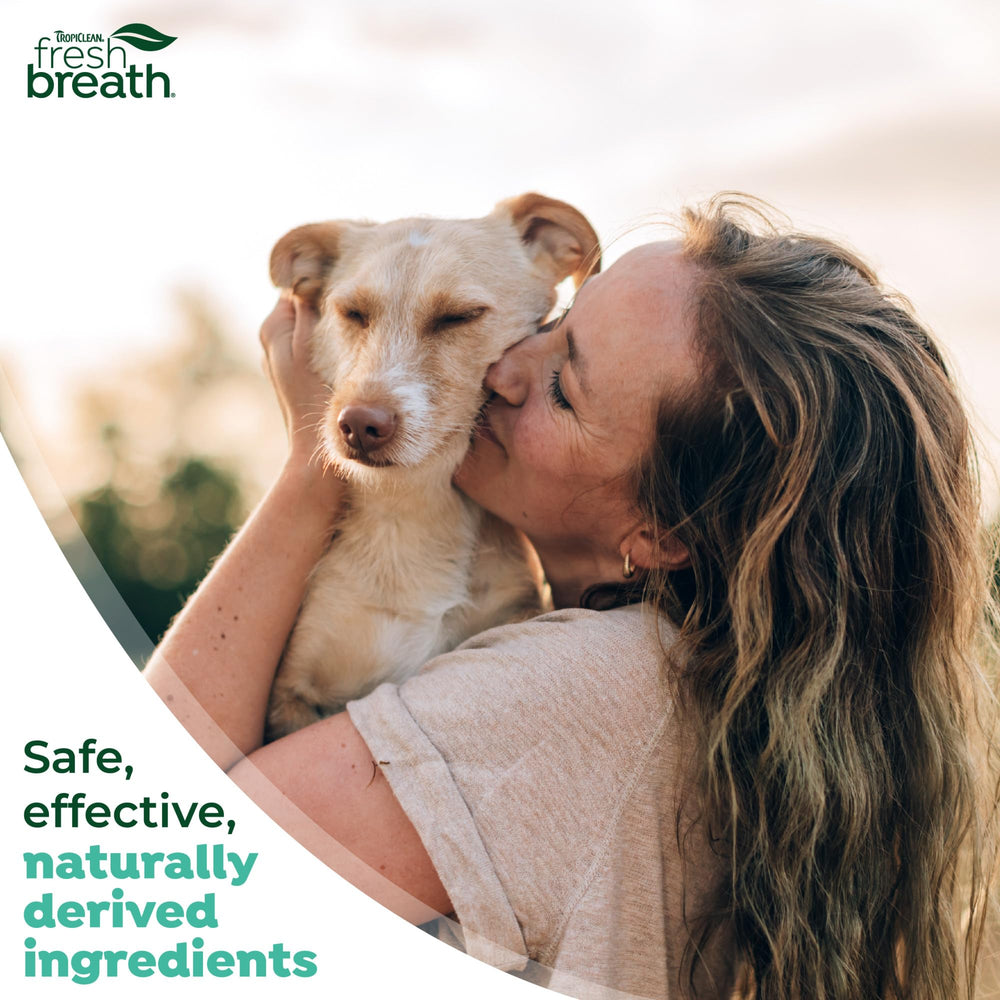 TropiClean Fresh Breath natural-ingredients label close-up emphasizes a pet-safe formula.