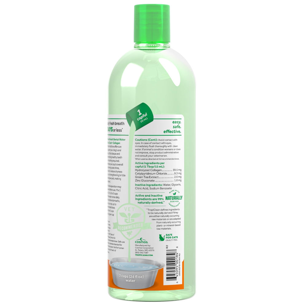 TropiClean label close-up shows collagen and VOHC approval features